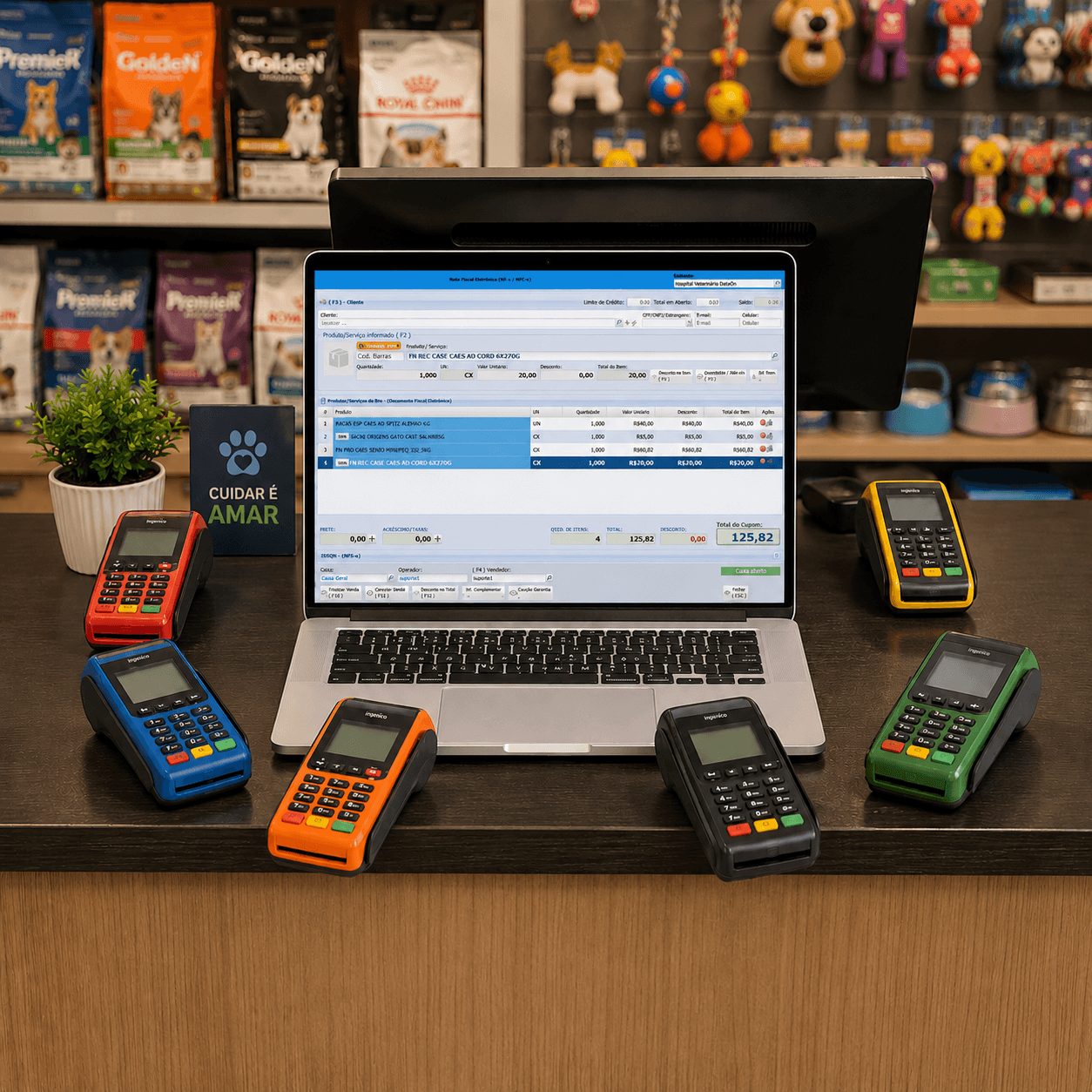 Balcão com várias maquininhas de cartão de cores diferentes lado a lado
